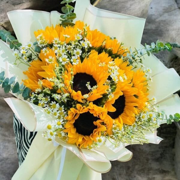Bright Sunflower Bouquet with Eucalyptus & Tanacelum | Vibrant Floral Arrangement