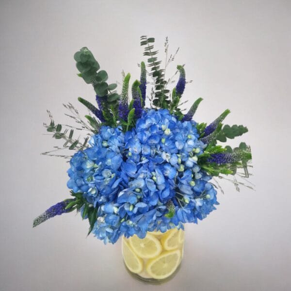 Fresh Hydrangea & Veronica Arrangement with Lemon Accents
