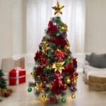 Artificial Christmas Tree with Red, Green & Gold Ornaments, Christmas Balls & Lights