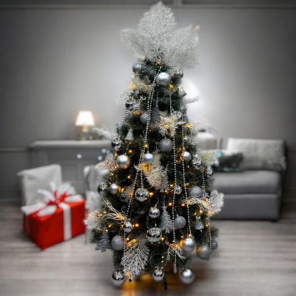Artificial Christmas Tree with Silver Ornaments, Christmas Balls & Lights