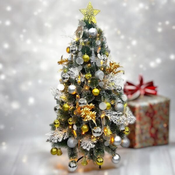 Artificial Christmas Tree with Silver & Gold Ornaments, Christmas Balls & Lights