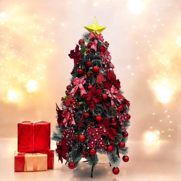 Artificial Christmas Tree with Red Ornaments, Christmas Balls & Lights