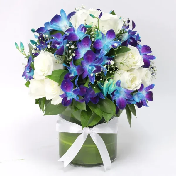Wishes to Gentleman: White Roses and Blue Orchids Arrangement