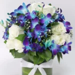 Wishes to Gentleman: White Roses and Blue Orchids Arrangement