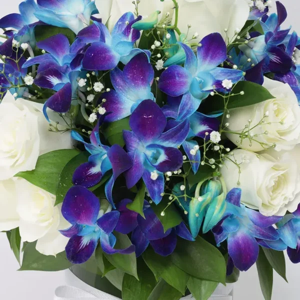 Wishes to Gentleman: White Roses and Blue Orchids Arrangement
