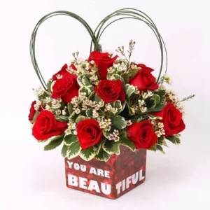 You Are Beautiful: Red Roses in Flower Vase - 15 Red Roses, White Wax Flowers, Steel Grass, Pittosporum Illan Green Leaves, Glass Vase